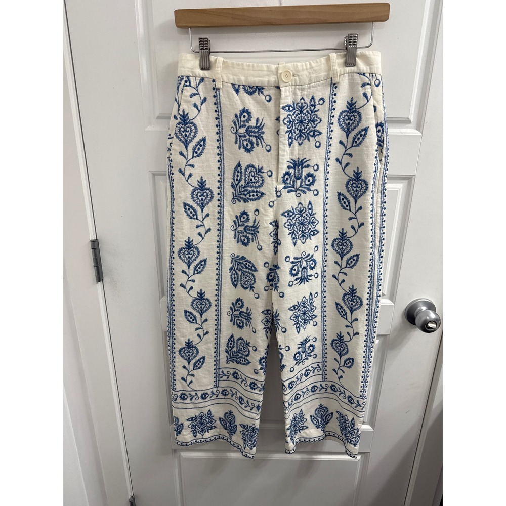 Zara Womens Blue Embroidered Linen Blend Crop Wide Leg Pants White‎ Floral Small